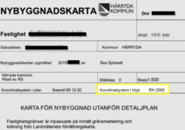 Inzoomad nybyggnadskarta så att rutan för koordinatsystem i höjd är i fokus.