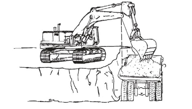 Illustration på en grävmaskin som lastar en lastbil.